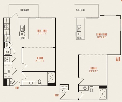 Floor plan for 1 bed, 1 bath, 830 sqft